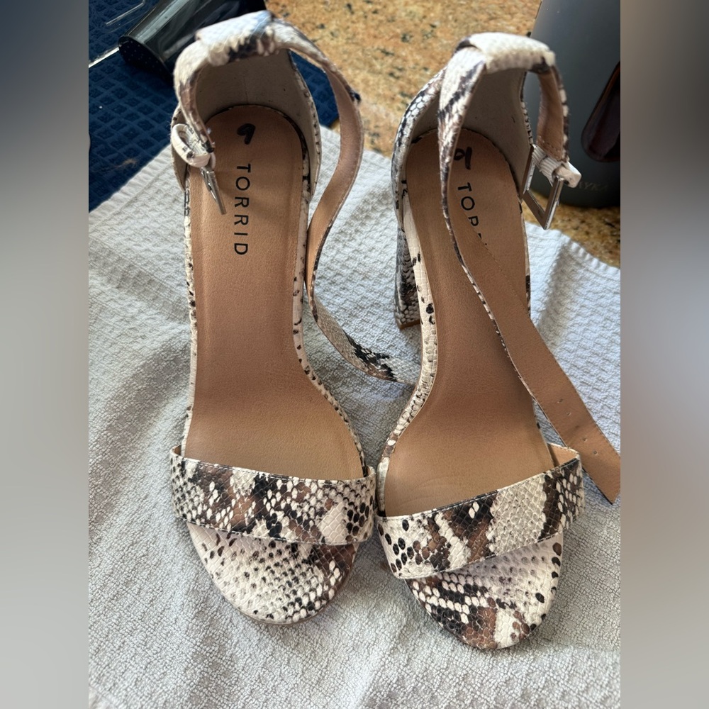 torrid Neutral Snake-Print Ankle Strap Block Heel Sandals
